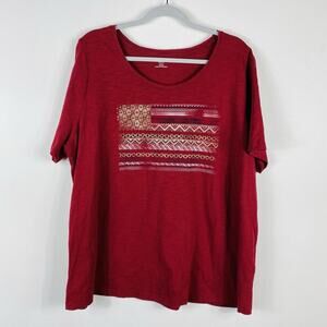 Catherines Petite 0X 14 16 American Flag Graphic T-Shirt Tee Top Red Cotton
